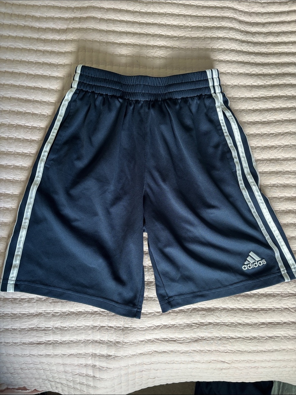 adidas Navy Athletic Shorts with White Side Stripes